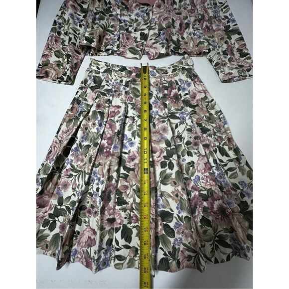 Rare Vintage Wrapper Bohemian 2 pcs Floral Print Suit Blazer Skirt Pink Trim SzS - Picture 10 of 16